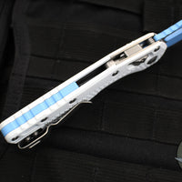 Microtech Knives- M.S.I. Ram-Lok Folder- White Tri-Grip Injection Molded Handle- Sky Blue Plain Edge Blade 210T-1 PMCWH-Y7