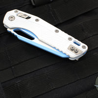 Microtech Knives- M.S.I. Ram-Lok Folder- White Tri-Grip Injection Molded Handle- Sky Blue Plain Edge Blade 210T-1 PMCWH-Y7