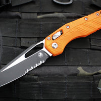 Microtech Knives- M.S.I. Ram-Lok Folder- Orange Tri-Grip Injection Molded Handle- Black Part Serrated Edge Blade- Bead Blast Hardware 210T-2 PMOR
