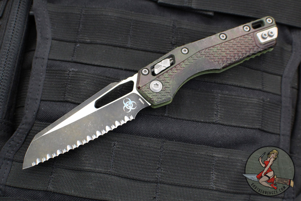 Microtech Knives- M.S.I. Ram-Lok Folder- Outbreak Green Finished Tri-Grip Injection Molded Handle- Black Full Serrated Edge Blade- 210T-3 PMOBS