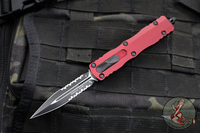 Microtech Dirac OTF Knife- Double Edge- Merlot Red Handle- Black Part Serrated Blade HW 225-2 MR