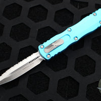 Microtech Dirac OTF Knife- Double Edge- Turquoise Handle- Satin Full Serrated Blade HW 225-6 TQ
