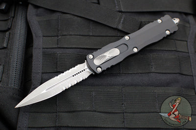 Microtech Dirac Delta OTF Knife- Double Edge- Black Handle- Apocalyptic Part Serrated Blade 227-11 AP