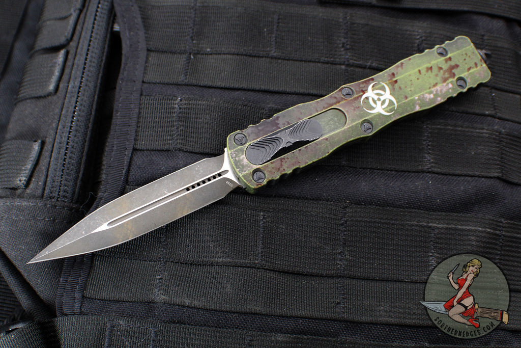 Microtech Dirac Delta OTF Knife- Double Edge- Outbreak Finished Handle- Outbreak Distressed Black Plain Edge Blade 227-1 OBDS