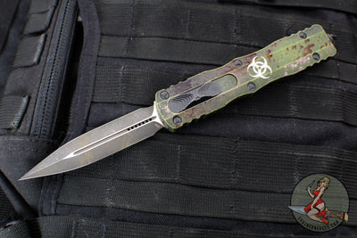 Microtech Dirac Delta OTF Knife- Double Edge- Outbreak Finished Handle- Outbreak Distressed Black Plain Edge Blade 227-1 OBDS