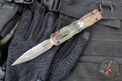 Microtech Dirac Delta OTF Knife- Double Edge- Outbreak Finished Handle- Outbreak Distressed Black Full Serrated Edge Blade 227-3 OBDS
