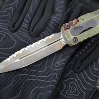 Microtech Dirac Delta OTF Knife- Double Edge- Outbreak Finished Handle- Outbreak Distressed Black Full Serrated Edge Blade 227-3 OBDS