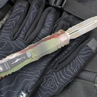 Microtech Dirac Delta OTF Knife- Double Edge- Outbreak Finished Handle- Outbreak Distressed Black Full Serrated Edge Blade 227-3 OBDS