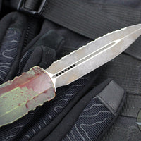 Microtech Dirac Delta OTF Knife- Double Edge- Outbreak Finished Handle- Outbreak Distressed Black Full Serrated Edge Blade 227-3 OBDS