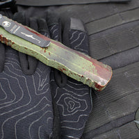 Microtech Dirac Delta OTF Knife- Double Edge- Outbreak Finished Handle- Outbreak Distressed Black Full Serrated Edge Blade 227-3 OBDS