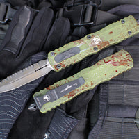 Microtech Dirac Delta OTF Knife- Double Edge- Outbreak Finished Handle- Outbreak Distressed Black Full Serrated Edge Blade 227-3 OBDS