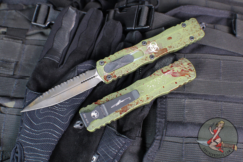 Microtech Dirac Delta OTF Knife- Double Edge- Outbreak Finished Handle- Outbreak Distressed Black Full Serrated Edge Blade 227-3 OBDS