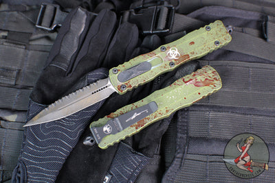 Microtech Dirac Delta OTF Knife- Double Edge- Outbreak Finished Handle- Outbreak Distressed Black Full Serrated Edge Blade 227-3 OBDS