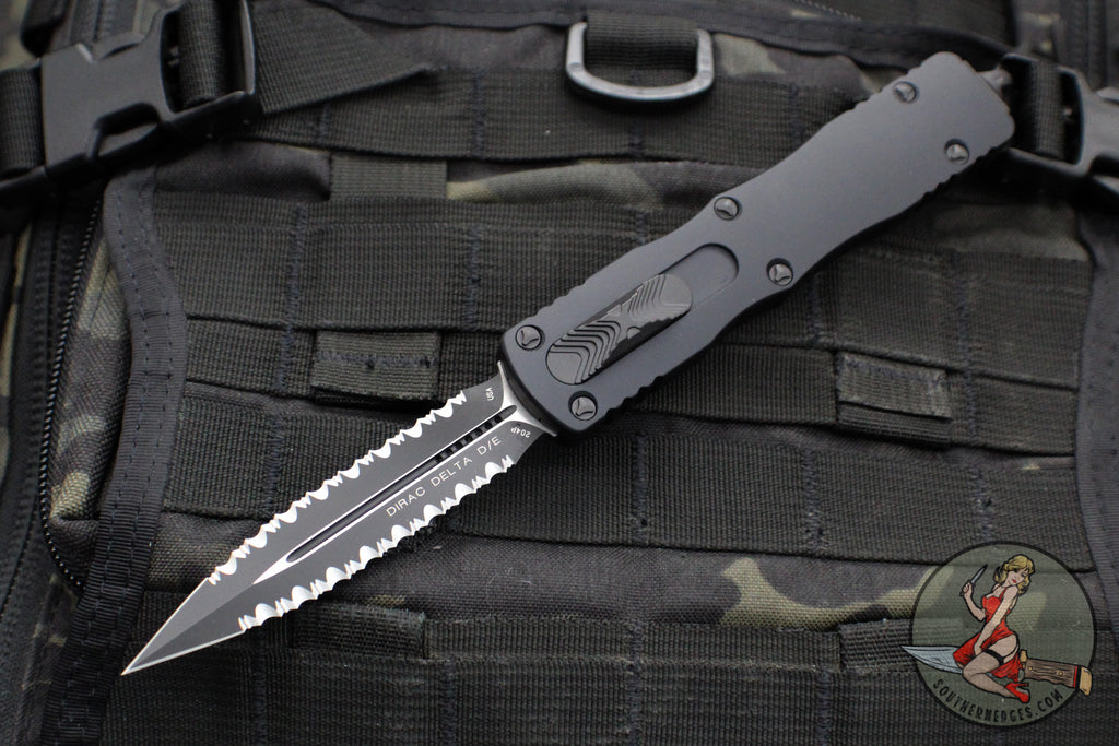 Microtech Dirac Delta OTF Auto Knife- Double Edge- Tactical- Black Handle- Double Full Serrated Black Blade- Black HW 227-D3 T