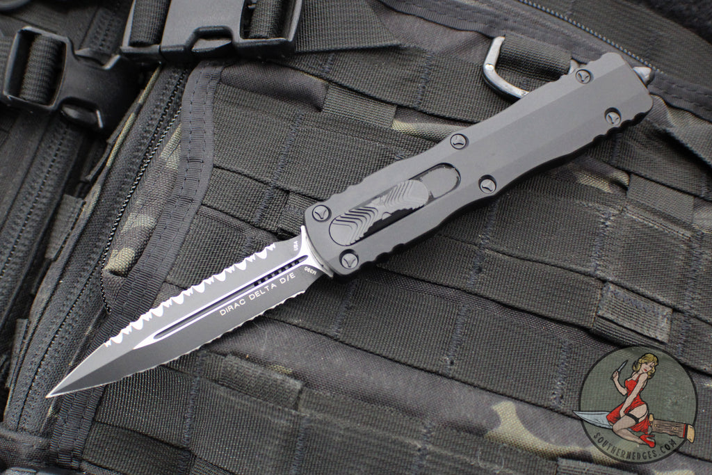 Microtech Dirac Delta OTF Auto Knife- Double Edge- Tactical- Black Handle- Reverse Double Full Serrated Black Blade- Black HW 227-DR 3T