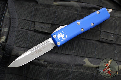 Microtech UTX-85 OTF Knife- Single Edge- Navy Blue Handle- Apocalyptic Blade 231-10 APNA