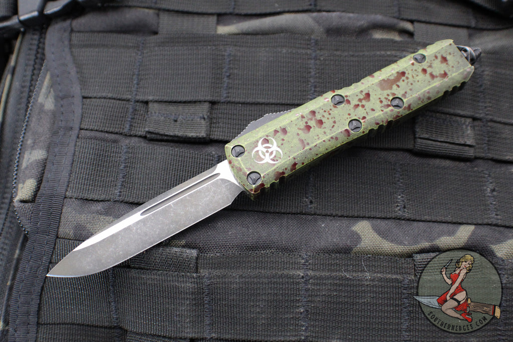 Microtech UTX-85 OTF Knife- Single Edge- Outbreak Finished Handle- Outbreak Black Plain Edge Blade 231-1 OBDS