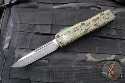 Microtech UTX-85 OTF Knife- Single Edge- Outbreak Finished Handle- Outbreak Black Plain Edge Blade 231-1 OBDS