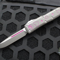 Microtech UTX-85 OTF Knife- Valentine's 2025- Single Edge- Cerakote Grey Handle And Blade- Purple Accents 231-1 VNS