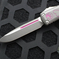 Microtech UTX-85 OTF Knife- Valentine's 2025- Single Edge- Cerakote Grey Handle And Blade- Purple Accents 231-1 VNS