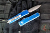 Microtech UTX-85 OTF Knife- Double Edge- Distressed Blue Handle- Apocalyptic Blade 232-10 DBL