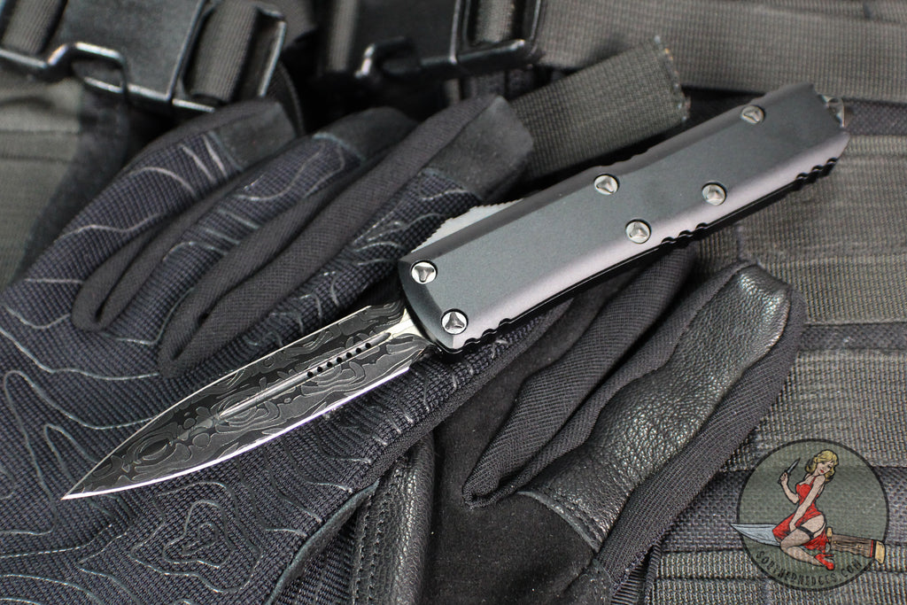 Microtech UTX-85 OTF Knife-Shadow Edition- Double Edge- Black Handle- Etched Logo- Damascus Blade 232-16 DLCTSH SN50