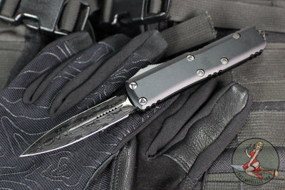 Microtech UTX-85 OTF Knife-Shadow Edition- Double Edge- Black Handle- Etched Logo- Damascus Blade 232-16 DLCTSH SN50