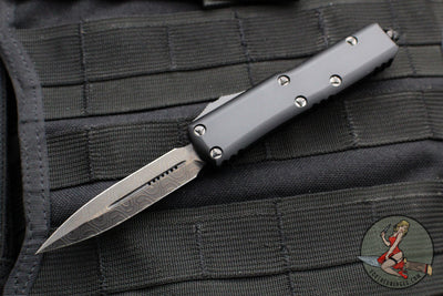 Microtech UTX-85 OTF Knife-Shadow Edition- Double Edge- Black Handle- Etched Logo- Damascus Blade 232-16 DLCTSH SN51