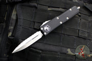 Microtech UTX-85 OTF Knife- Double Edge- Black Handle- Satin Full Serrated Blade 232-6