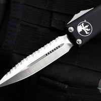 Microtech UTX-85 OTF Knife- Double Edge- Black Handle- Satin Full Serrated Blade 232-6