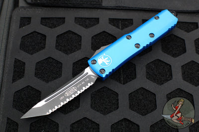 Microtech UTX-85 OTF Knife- Tanto Edge- Blue Handle- Black Full Serrated Blade 233-3 BL