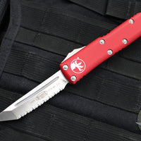 Microtech UTX-85 OTF Knife- Tanto Edge- Red Handle- Full Serrated Satin Blade 233-6 RD