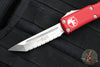 Microtech UTX-85 OTF Knife- Tanto Edge- Red Handle- Full Serrated Satin Blade 233-6 RD