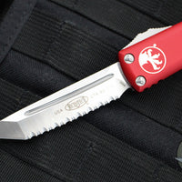 Microtech UTX-85 OTF Knife- Tanto Edge- Red Handle- Full Serrated Satin Blade 233-6 RD