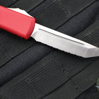 Microtech UTX-85 OTF Knife- Tanto Edge- Red Handle- Full Serrated Satin Blade 233-6 RD