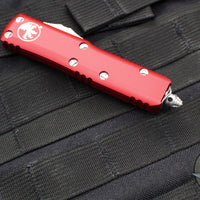 Microtech UTX-85 OTF Knife- Tanto Edge- Red Handle- Full Serrated Satin Blade 233-6 RD