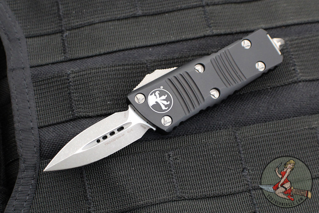 Microtech Mini Troodon OTF Knife- Double Edge- Black Handle- Apocalyptic Blade 238-10 AP