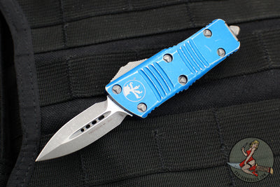 Microtech Mini Troodon OTF Knife- Double Edge- Distressed Blue Handle- Apocalyptic Blade 238-10 DBL