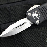 Microtech Mini Troodon OTF Knife- Double Edge- Black Handle- Stonewash Full Serrated Blade 238-12