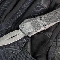 Microtech Mini Troodon OTF Knife- Double Edge- Damascus Blade with Ringed HW 238-16 CFS SN168
