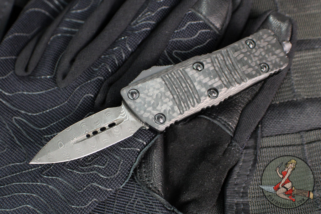 Microtech Mini Troodon OTF Knife- Double Edge- Damascus Blade with Ringed HW 238-16 CFS SN168