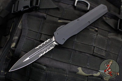 Microtech 2018 Cypher OTF Knife- SMOOTH Body- Tactical- Double Edge- Black Handle- Black Part Serrated Blade 242S-2 T