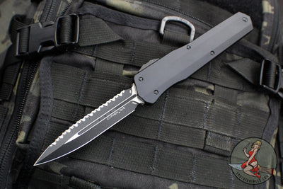 Microtech 2018 Cypher- Smooth Body- Tactical- Double Edge- Black Handle- Black Full Serrated Blade 242S-3T