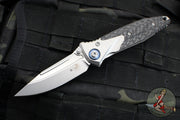 Microtech Socom Bravo- MINI- Single Edge- Bead Blast Finish Titanium Handle with Carbon Fiber Scales- Blue Pivot Collar 260M-7 CFTI