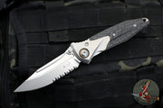 Microtech Socom Bravo- MINI- Single Edge- Bead Blast Finish Titanium Handle with Carbon Fiber Scales- Bead Blast Part Serrated Blade- Bronze Pivot Collar 260M-8 CFTI
