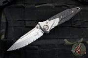 Microtech Socom Bravo- MINI- Single Edge- Bead Blast Finish Titanium Handle with Carbon Fiber Scales- Bead Blast Full Serrated Blade- Bronze Pivot Collar 260M-9 CFTI