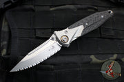 Microtech Socom Bravo- MINI- Single Edge- Bead Blast Finish Titanium Handle with Carbon Fiber Scales- Bead Blast Full Serrated Blade- Bronze Pivot Collar 260M-9 CFTI