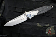 Microtech Socom Bravo- MINI- Tanto Edge-  Titanium Handle with Carbon Fiber Scales- Bead Blast Finished Plain Edge- Blue Pivot Collar 261M-7 CTFI