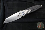 Microtech Socom Bravo- MINI- Warcom Edge- Titanium Handle with Carbon Fiber Scales- Satin Finished Plain Edge- Blue Pivot Collar 263M-4 CTFI