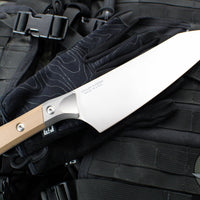 Microtech Cutlery- Chef 8"- Bead Blast Titanium Bolster- Coyote Tan G-10 Handle- Stonewash Blade 3000B-10 CE